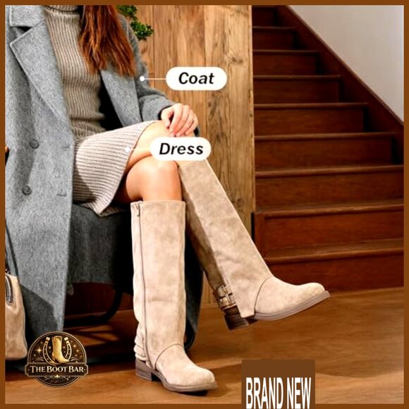Faux Suede Fold Over Knee High Boots Classic Round Toe Block Heel Chic Vintage - Picture 6 of 7